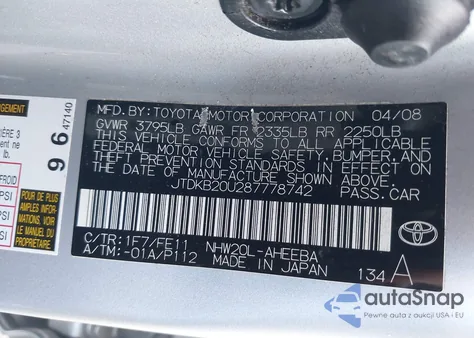 2008 Toyota Prius Touring z USA, uszkodzony, nr VIN JTDKB20U287778742